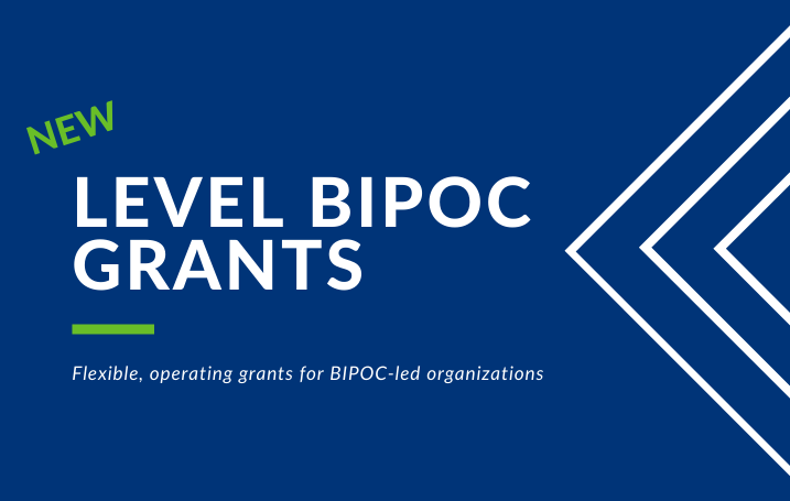 Blue header with the text "New LEVEL person(s) of colour Grants: Flexible operating grants for person(s) of colour-led organizations"